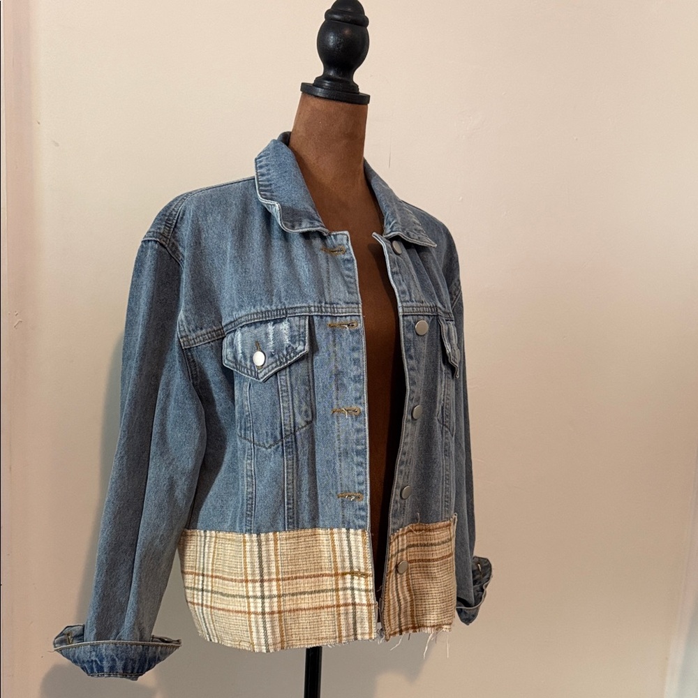 Roolee Blue Denim Jacket with Tan Plaid Detail
